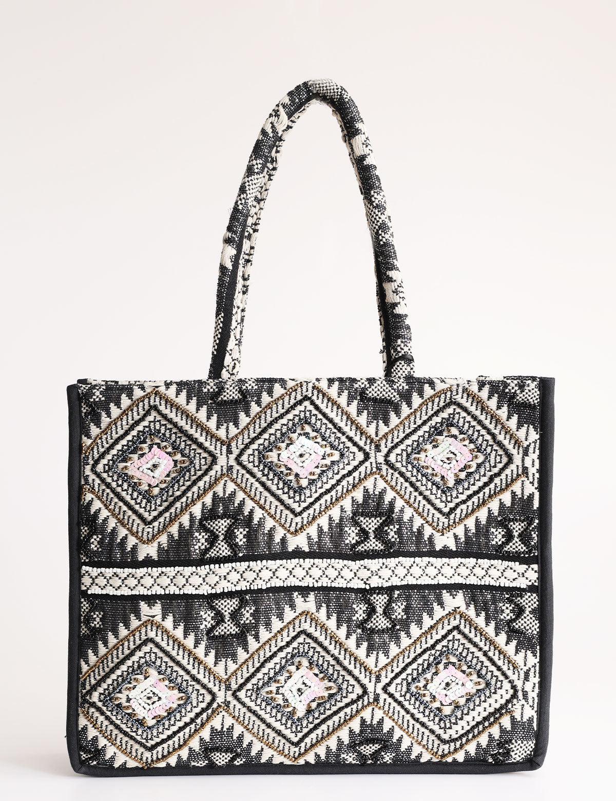 Ayfee black jacquard shopping bag with beads