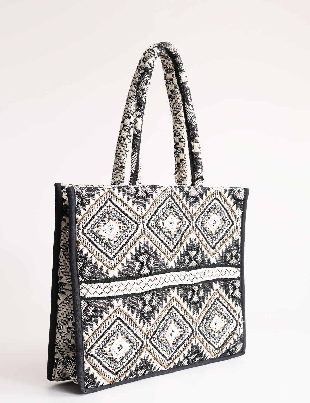 Ayfee black jacquard shopping bag with beads