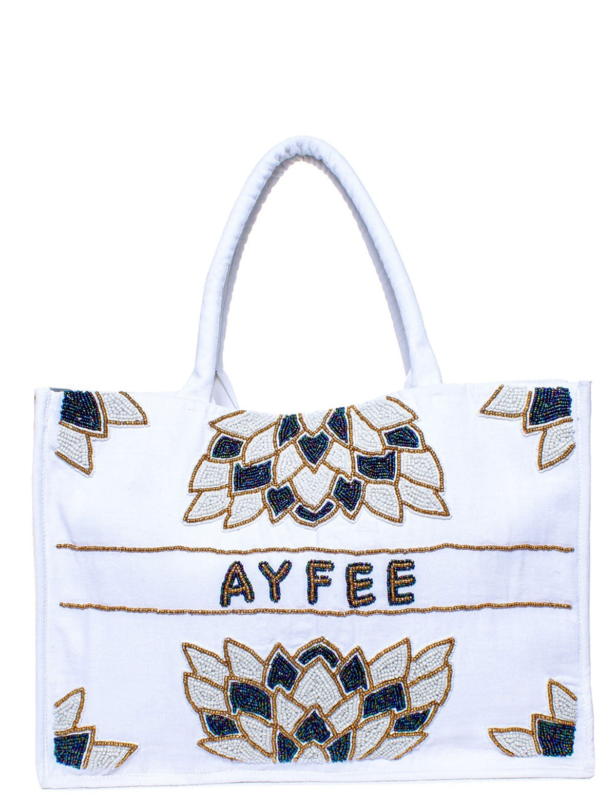 Ayfee shopping bag with white and gold embroidery